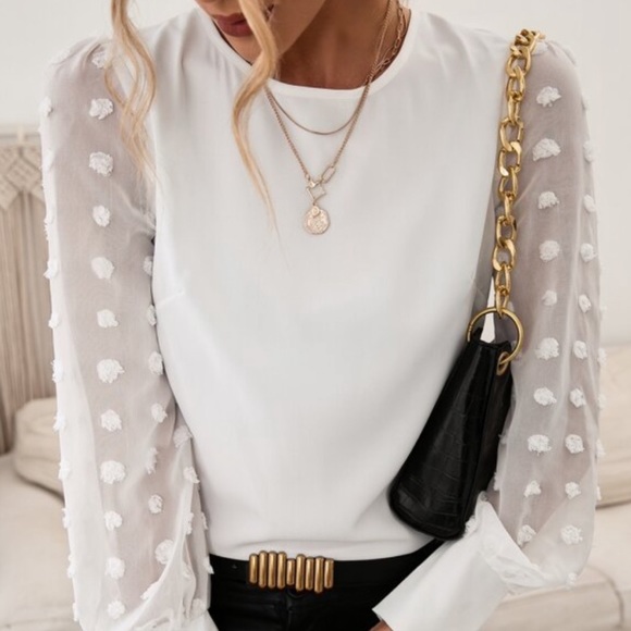 Swiss dot white sheer sleeve work blouse